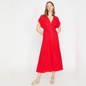 Red Button-Front Midi Dress